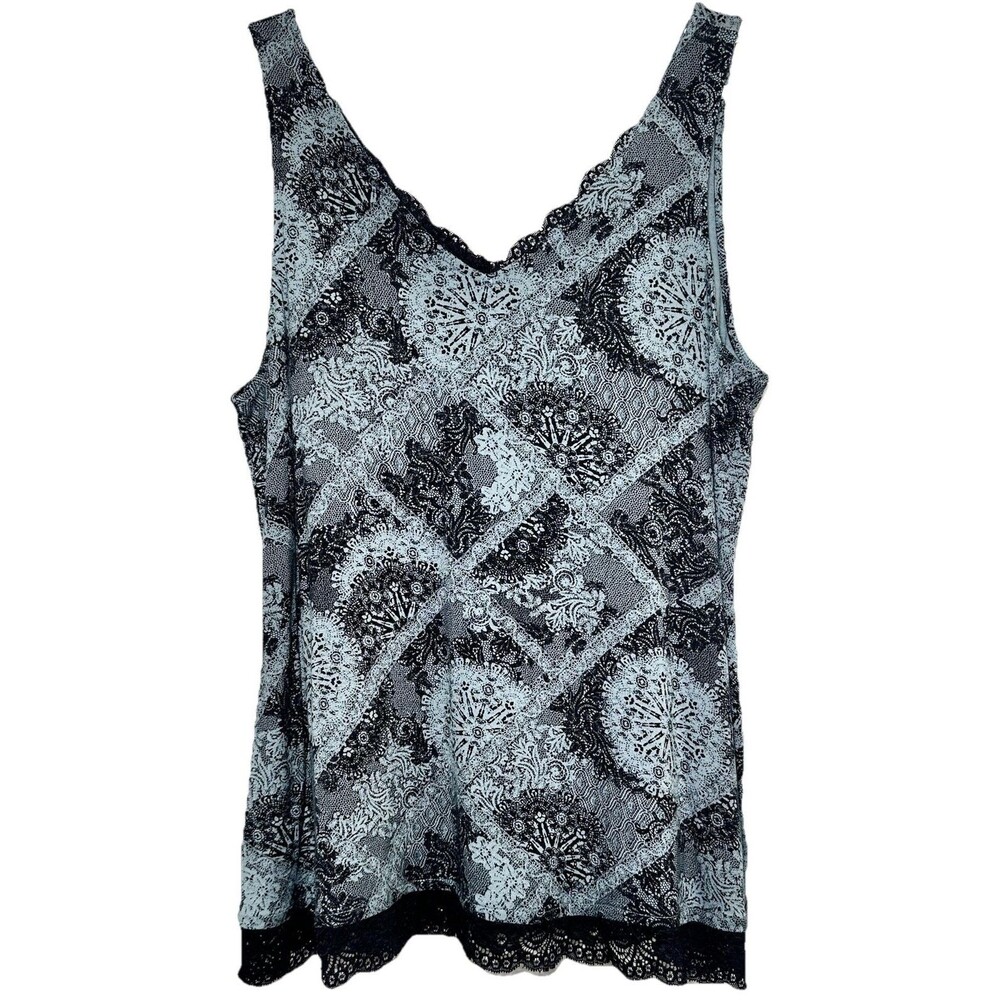 Maurices Lace Print Sleeveless Tank Top Womens L Bluish Gray Black Stretch Knit
